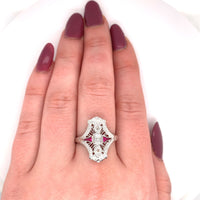 14k White Gold Art Deco Diamond and Ruby Filigree Ring (#J5605)