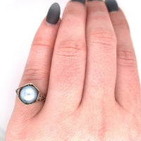 14k White Gold Art Deco 8.8mm Blue Akoya Pearl Ring (#J5518)