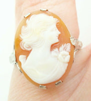 10K Gold Art Deco Oval Genuine Natural Cameo Ring with Woman'S Profile (#J2889)