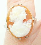 10K Gold Art Deco Oval Genuine Natural Cameo Ring with Woman'S Profile (#J2889)