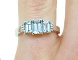 14k White Gold Three Stone Genuine Natural Aquamarine and Diamond Ring (#J279)