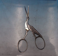 C M and J German Silverplate Embroidery Scissors Stork Design Partial Gilt #6860