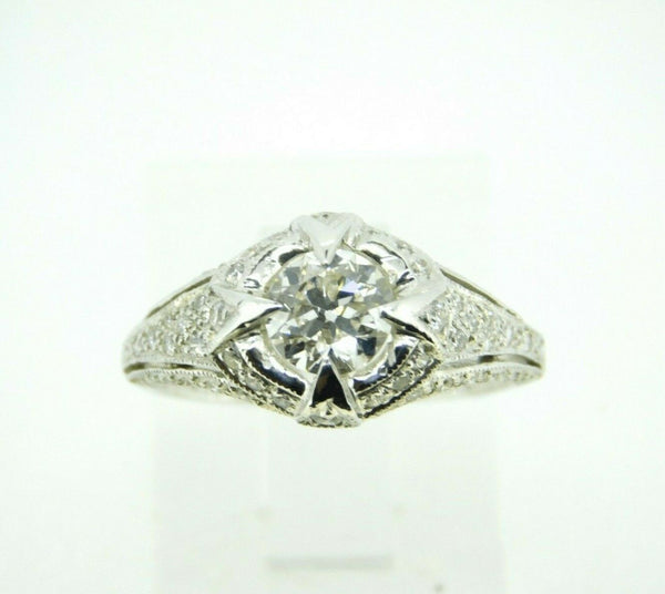 Art Deco 18k White Gold Genuine Natural Diamond Ring 1.05ct Milgrain (#J614)