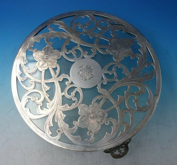 Glass Trivet with Sterling Silver Overlay Floral #A9613 Footed 12" Vintage #6239