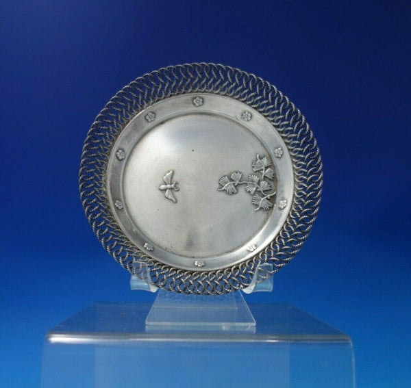 Japanese Sterling Silver Wine Coaster w/ Butterfly Leaves Chrysanthemums (#6251)