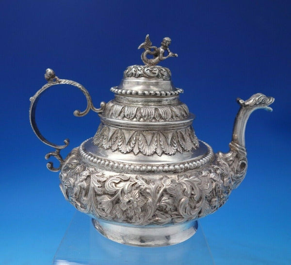 Dutch Sterling Silver Tea Pot w/Cast Mermaid Finial Flowers Putti Dragon (#6464)