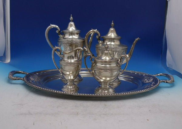 Rose Point by Wallace Sterling Silver Tea Set 4pc + Tray #4615-9 (#6717)