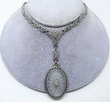 14k Deco Genuine Natural Rock Crystal Necklace with Filigree Chain (#C3433)