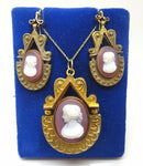 14k Yellow Gold Genuine Natural Stone Cameo Pendant and Earrings Set (#J1040)