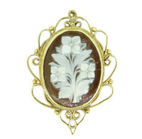 14k Yellow Gold Floral Genuine Natural Shell Cameo Pendant / Pin (#J1680)