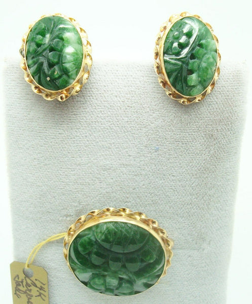 14k Gold Oval Carved Jade Pin and Earring Set (#J2439)