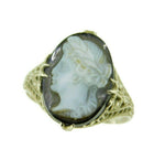 Art Deco 10k White Gold Filigree Genuine Natural Hard Stone Cameo Ring (#J2557)