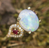 14k Yellow Gold Genuine Natural Opal Ruby and Diamond Ring (#J2650)