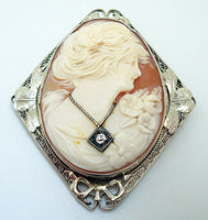 Art Deco 14k Gold Filigree Genuine Natural Shell Cameo and Diamond Pin (#J2942)