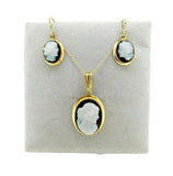 Yellow Gold Genuine Natural Agate Cameo Pendant and Earrings Set (#J342)