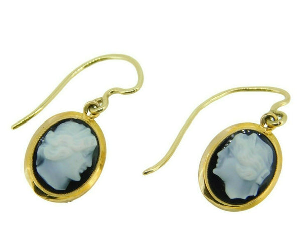 14k Yellow Gold Black and White Genuine Natural Agate Cameo Earrings (#J342)