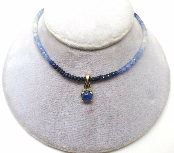 Genuine Natural Blue Sapphire Bead Necklace w/ 2.59ct Cabochon Sapphire (#J3752)