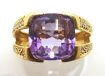 14k Gold Cushion Cut Genuine Natural Amethyst Ring with Diamonds (#J3810)