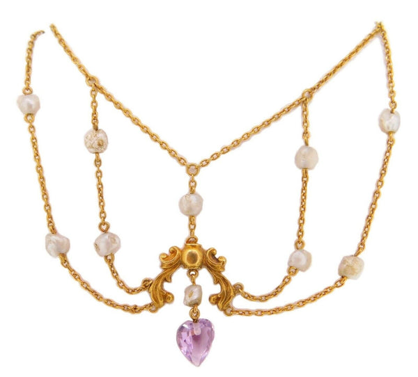 14k Gold Victorian Festoon Amethyst Necklace with Pearls (#J3974)