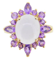 Large 14k Gold Genuine Natural Chalcedony Ring with Amethysts (#J3996)