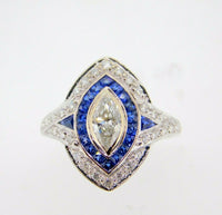 18k White Gold Marquise Genuine Natural Diamond and Sapphire Halo Ring  (#J4013)