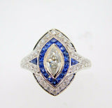 18k White Gold Marquise Genuine Natural Diamond and Sapphire Halo Ring  (#J4013)