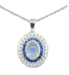 14k Gold Genuine Natural Moonstone Sapphire and Diamond Halo Pendant (#J4211)