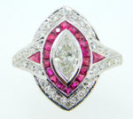 14k Gold Marquise Genuine Natural Diamond Ring w/ Ruby and Diamond Halo (#J4213)