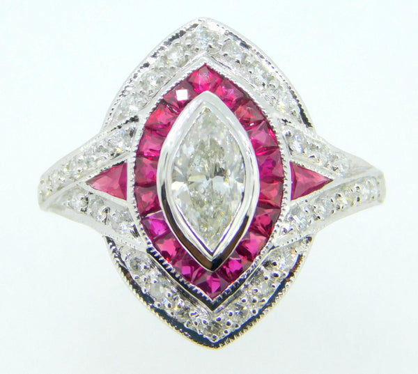 14k Gold Marquise Genuine Natural Diamond Ring w/ Ruby and Diamond Halo (#J4213)