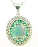 14K Gold Boulder Genuine Natural Opal Double Halo Pendant with Emeralds (#J4238)