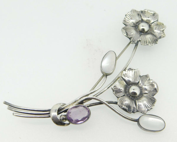 Sterling Moonstones and Amethyst Flower Pin (#J4258)