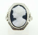 14k White Gold Genuine Natural Hard Stone Cameo Ring with Applied Ribbons #J4296