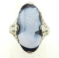 Art Deco 18k White Gold Genuine Natural Stone Cameo Filigree Ring (#J4307)