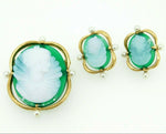14k Yellow Gold Green and White Onyx Cameo Pin and Earring 3-piece Set (#J4313)