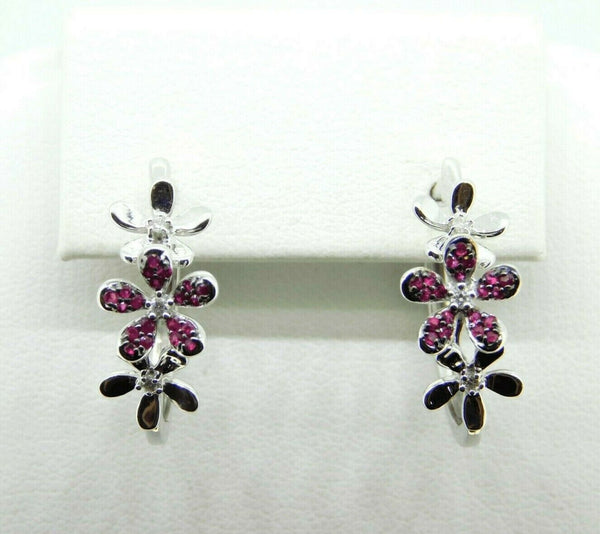 14k White Gold Genuine Natural Ruby and Diamond Flower Earrings (#J4318)