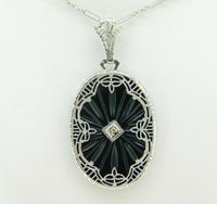 14k White Gold Art Deco Carved Genuine Natural Onyx Filigree Pendant (#J4377)