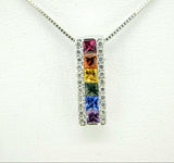 14k White Gold Princess Cut Rainbow Sapphire and Diamond Pendant (#J4447)