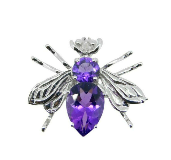 14k White Gold Bee Fly Insect Genuine Natural Amethyst Pin Pendant (#J4556)