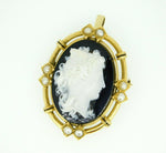 14k Yellow Gold Black and White Stone Cameo Pin / Pendant with Pearls (#J4467)