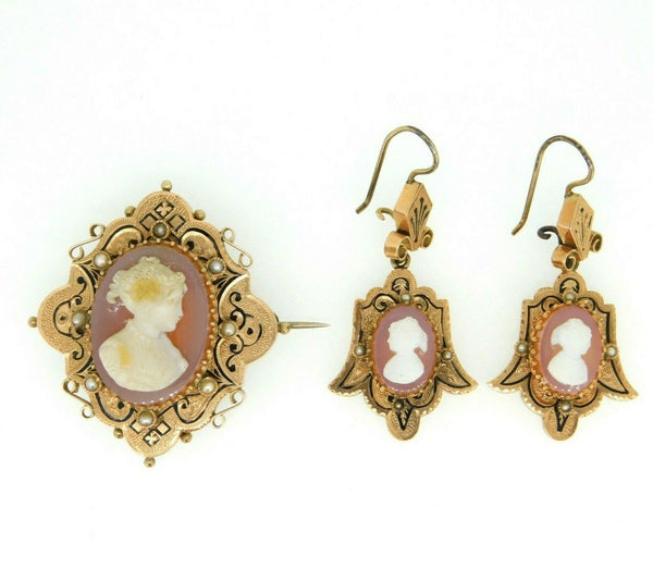 10k Rose Gold Stone Cameo Pin and Earring 3-Piece Set Victorian (#J4470)