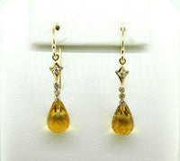 14k Gold Briolette Genuine Natural Citrine and Diamond Drop Earrings (#J4475)