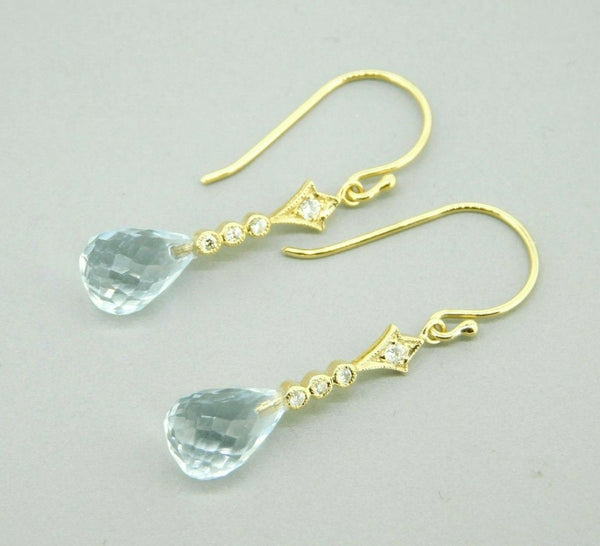 14k Yellow Gold Briolette Genuine Natural Aquamarine Diamond Earrings (#J4476)