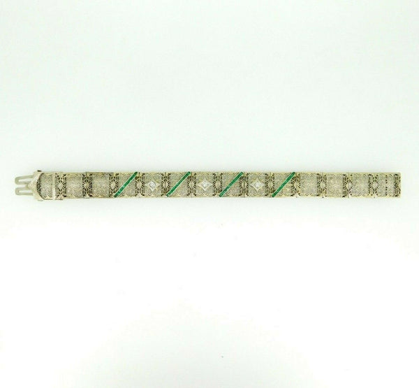 14k White Gold Filigree Diamond Bracelet Double Wide Synthetic Emeralds (#J4503)