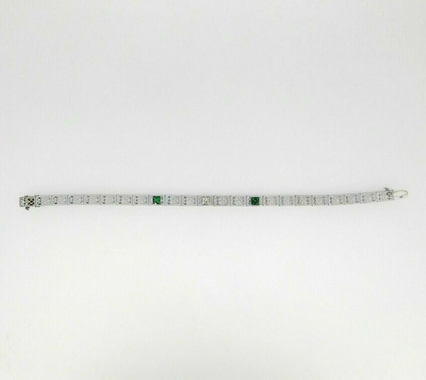 14k White Gold Filigree Diamond Bracelet Synthetic Green Emeralds (#J4505)