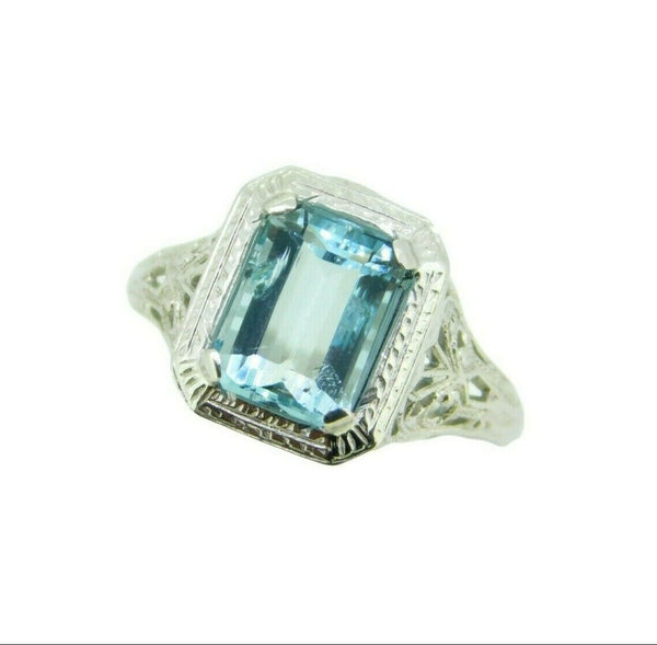 Art Deco 10K White Gold Filigree 1.34ct Genuine Natural Aquamarine Ring (#J4520)