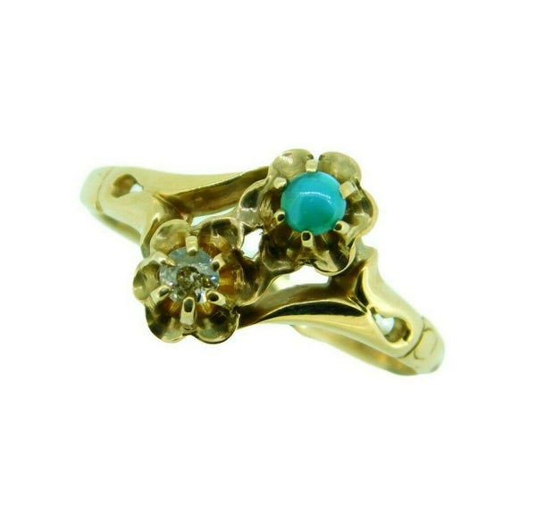 10k Yellow Gold Victorian Genuine Natural Turquoise and Diamond Ring (#J4533)