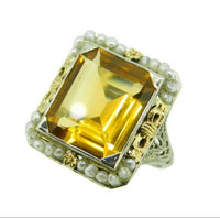 14k Gold Deco 7 Carat Citrine Filigree Ring with Flowers and Bows (#J4541)