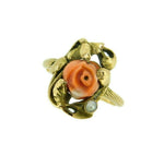 10k Yellow Gold Art Nouveau Coral Ring with Rose Leaves and Pearl (#J4551)