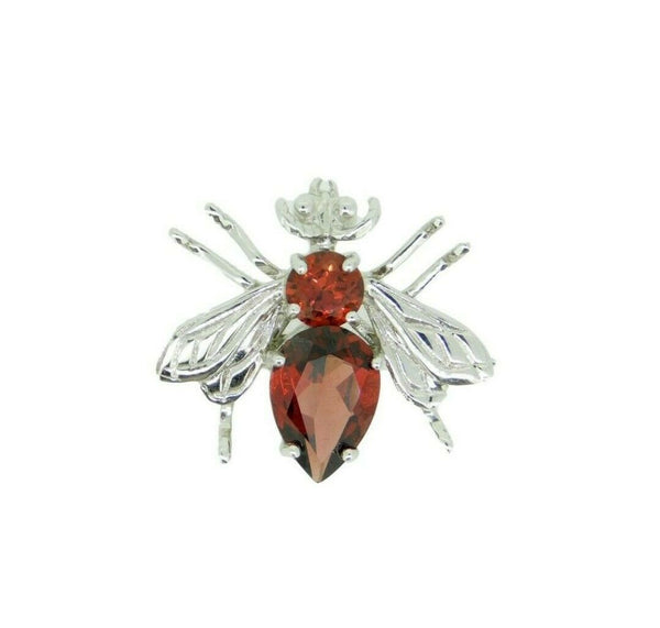 14k White Gold Bee Fly Insect Genuine Natural Garnet Pin Pendant (#J4558)