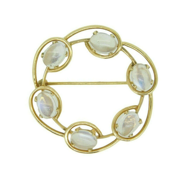 14k Yellow Gold Round Circle Genuine Natural Moonstone Pin w/Blue Flash (#J4559)